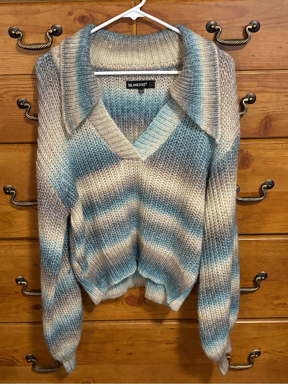 Blank NYC Blue & Cream Ombre V-Neck Collared Sweater